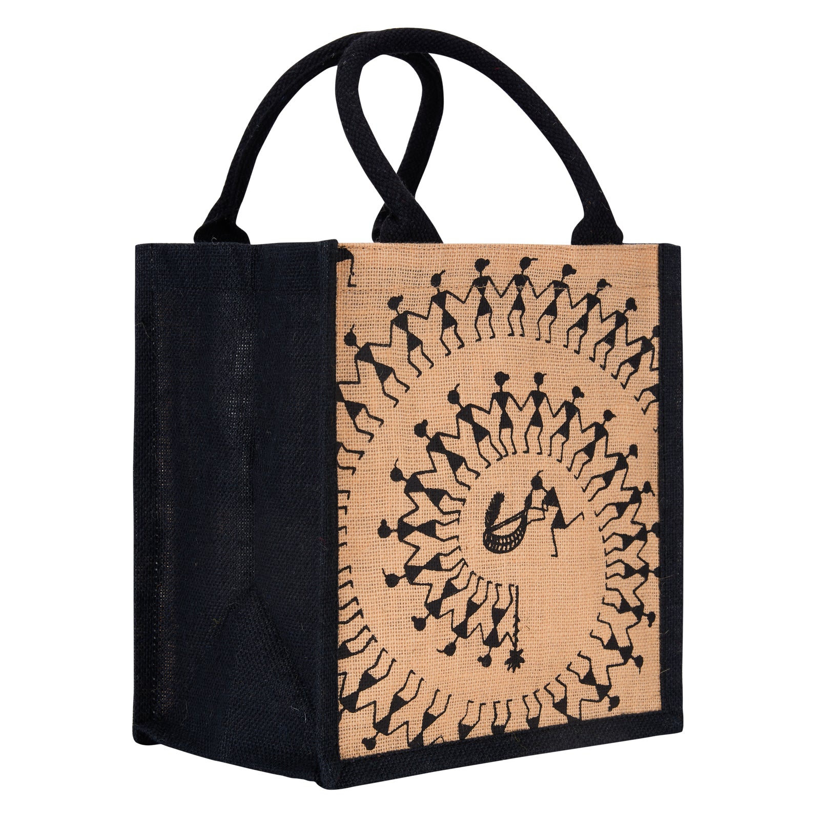 JUTE COTTAGE WARLI PRINT LUNCH ZIPPER, SUSTAINABLE, ECO-FRIENDLY, 100% GENUINE JUTE, STYLISH (BLACK/NATURAL 11X10X7)