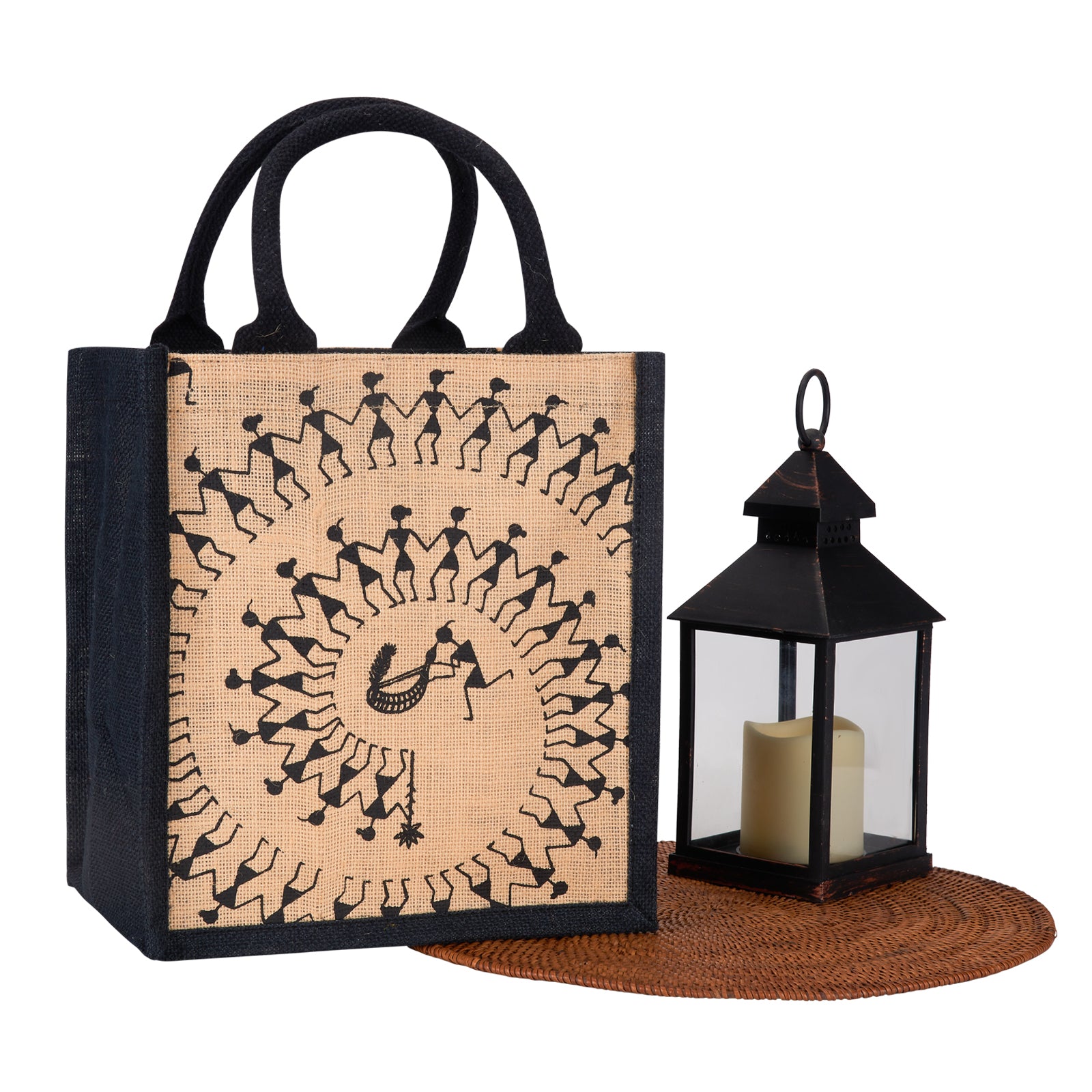 JUTE COTTAGE WARLI PRINT LUNCH ZIPPER, SUSTAINABLE, ECO-FRIENDLY, 100% GENUINE JUTE, STYLISH (BLACK/NATURAL 11X10X7)