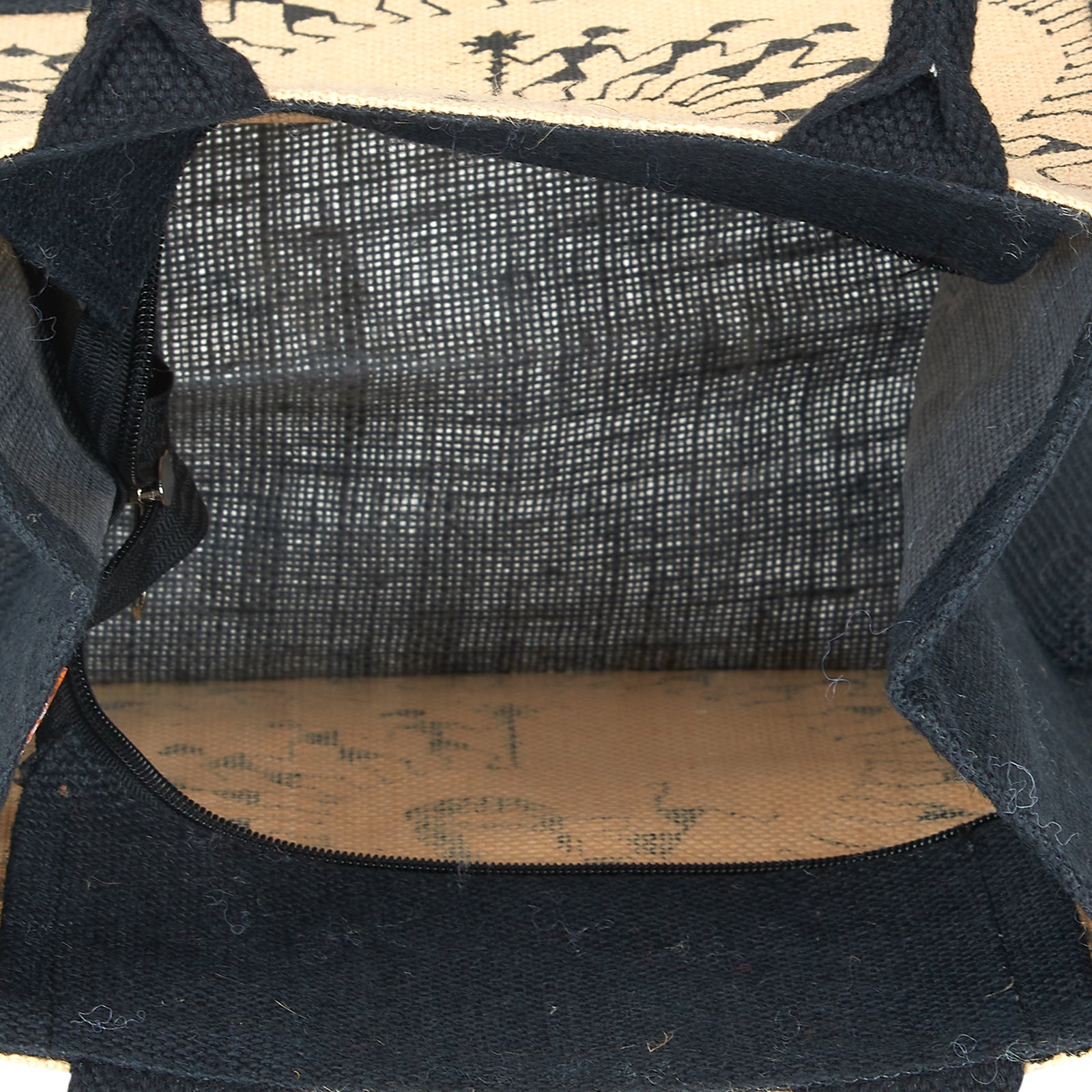 JUTE COTTAGE WARLI PRINT LUNCH ZIPPER, SUSTAINABLE, ECO-FRIENDLY, 100% GENUINE JUTE, STYLISH (BLACK/NATURAL 11X10X7)