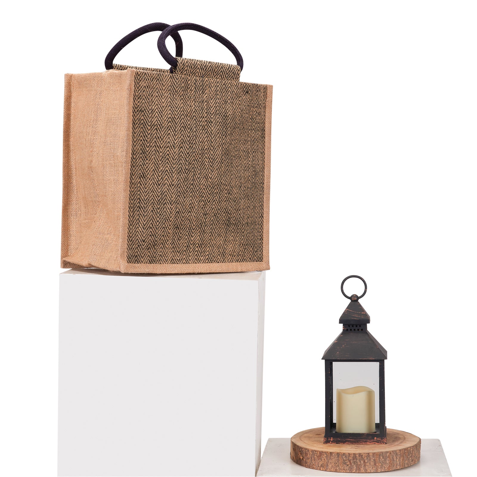 JUTE COTTAGE HERRINGBONE JUTE LUNCH ZIPPER, SUSTAINABLE, ECO-FRIENDLY, 100% GENUINE JUTE, STYLISH (BLACK 12X12X7)