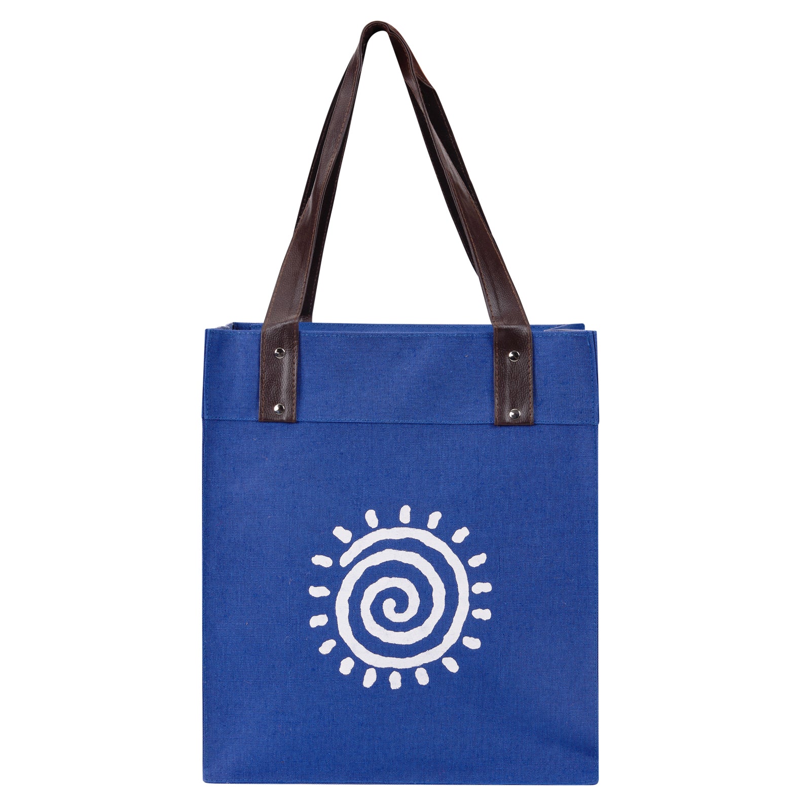 JUTE COTTAGE JUCO PU HANDLE ZIPPER SHOPPING BAG WITH BOTTOM BOARD, SUSTAINABLE, ECO-FRIENDLY, 100% GENUINE, STYLISH (BRIGHT BLUE 15X13X10)