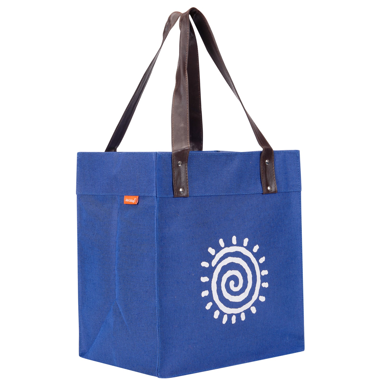JUTE COTTAGE JUCO PU HANDLE ZIPPER SHOPPING BAG WITH BOTTOM BOARD, SUSTAINABLE, ECO-FRIENDLY, 100% GENUINE, STYLISH (BRIGHT BLUE 15X13X10)