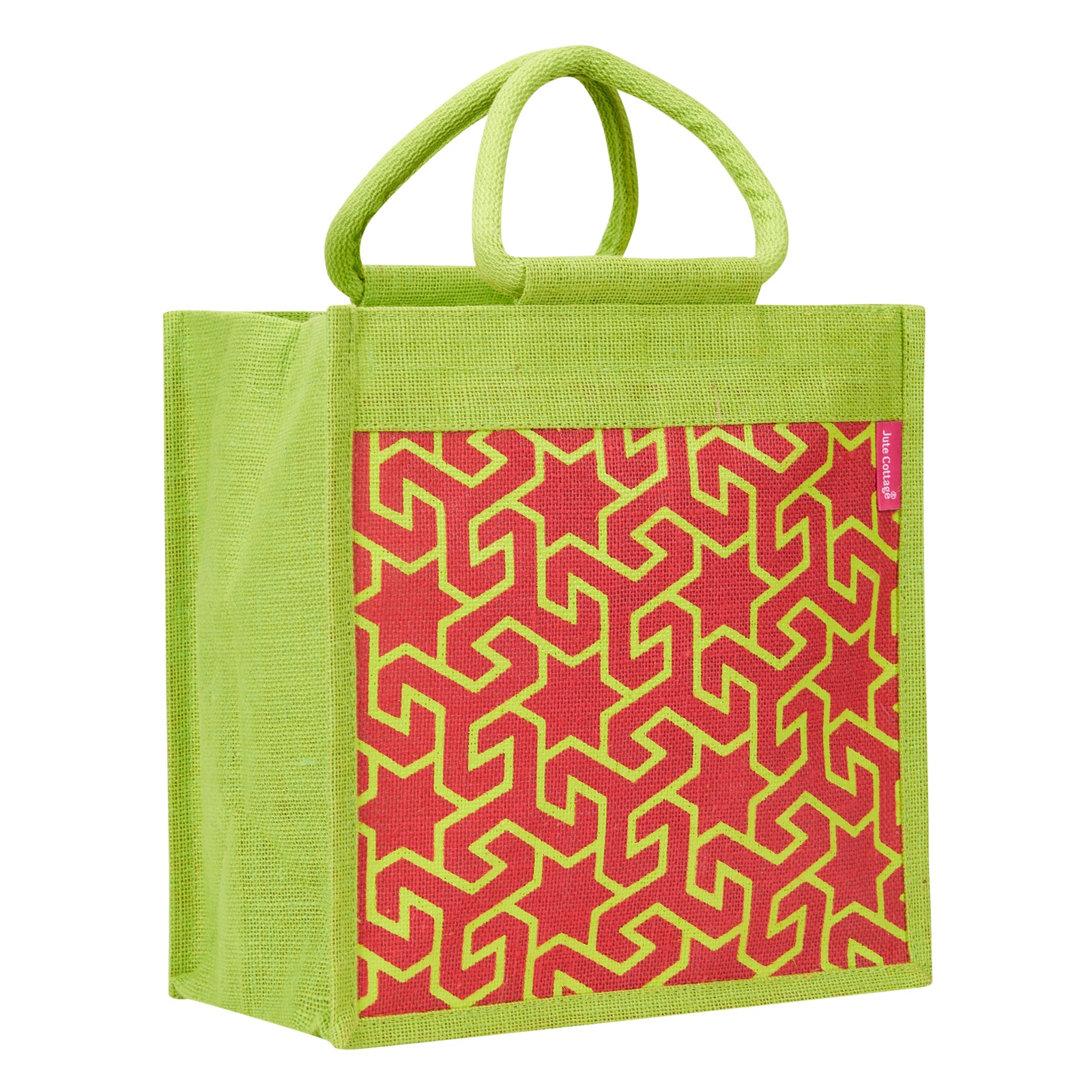 JUTE COTTAGE GEOMETRIC MOTIF PRINT LUNCH ZIPPER, SUSTAINABLE, ECO-FRIENDLY, 100% GENUINE JUTE, STYLISH (GREEN/RED 12X12X7)