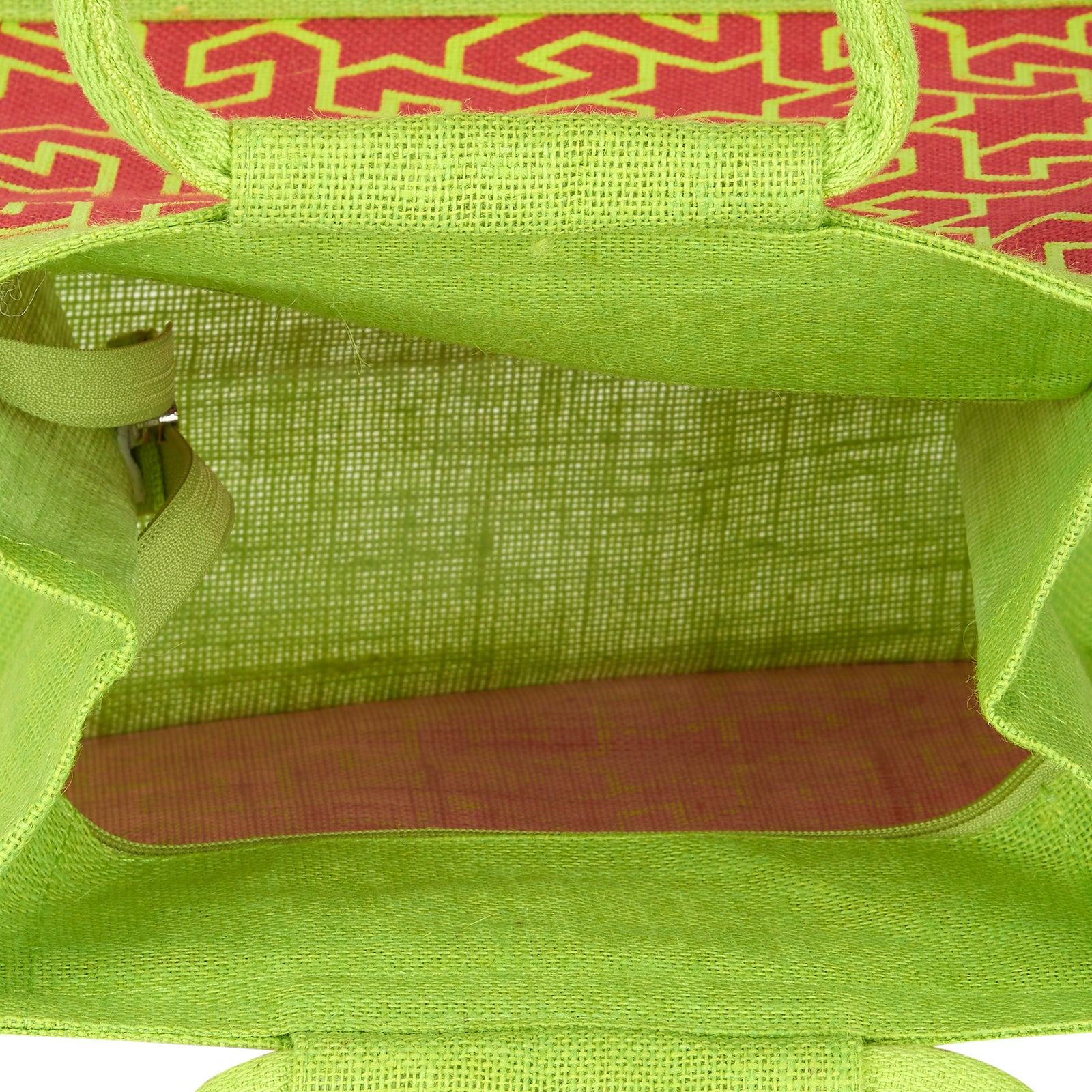 JUTE COTTAGE GEOMETRIC MOTIF PRINT LUNCH ZIPPER, SUSTAINABLE, ECO-FRIENDLY, 100% GENUINE JUTE, STYLISH (GREEN/RED 12X12X7)