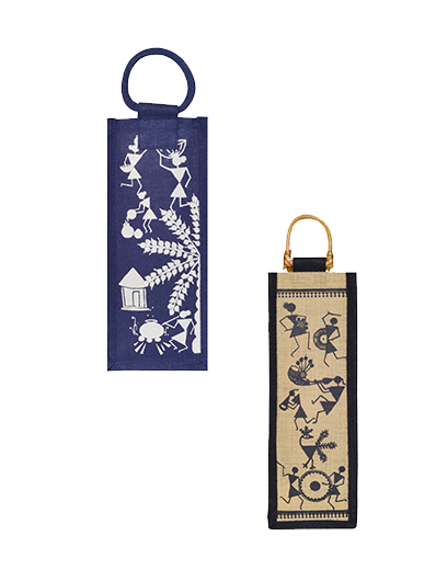 Combo of BOTTLE BAG WARLI PRINT 2 (B-162-BLUE) and BOTTLE BAG WARLI PRINT 2 (B-163-NATURAL/BLACK)