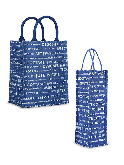 Combo of 13 X 11 JUTE COTTAGE PRINTED ZIPPER (B-038-BRIGHT BLUE) and BOTTLE BAG JUTE COTTAGE PRINTED (B-062-BRIGHT BLUE)