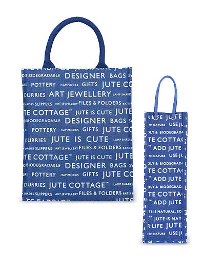 Combo of 13 X 11 JUTE COTTAGE PRINTED ZIPPER (B-038-BRIGHT BLUE) and BOTTLE BAG JUTE COTTAGE PRINTED (B-062-BRIGHT BLUE)