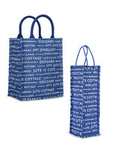 Load image into Gallery viewer, Combo of 13 X 11 JUTE COTTAGE PRINTED ZIPPER (B-038-BRIGHT BLUE) and BOTTLE BAG JUTE COTTAGE PRINTED (B-062-BRIGHT BLUE)
