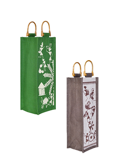 Combo of BOTTLE BAG WARLI PRINT 2 (B-163-WHITE/BROWN) and BOTTLE BAG WARLI PRINT 1 (B-162-GREEN)