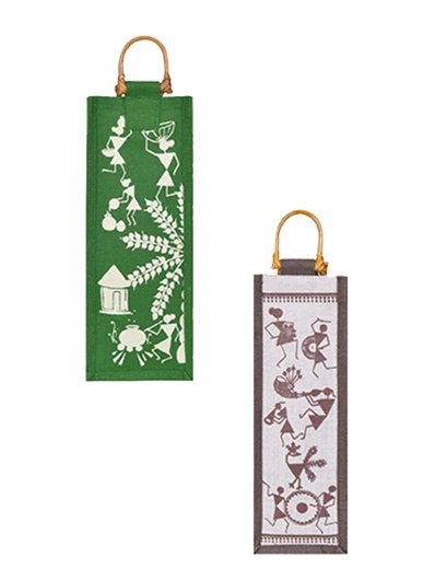 Combo of BOTTLE BAG WARLI PRINT 2 (B-163-WHITE/BROWN) and BOTTLE BAG WARLI PRINT 1 (B-162-GREEN)