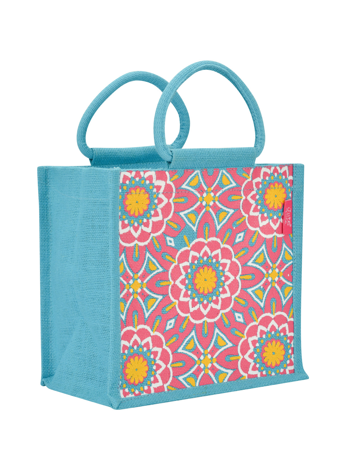 JUTE COTTAGE MUGHAL PRINT ZIPPER LUNCH BAG, SUSTAINABLE, ECO-FRIENDLY, 100% GENUINE, STYLISH JUTE BAG (TURQUOISE BLUE 10X10X7)