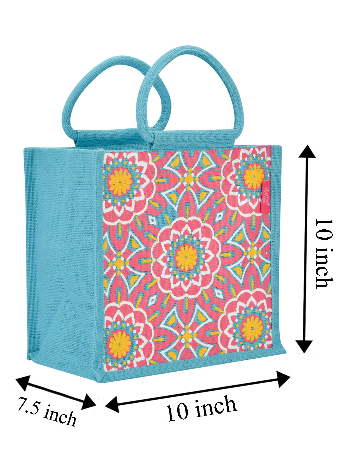 JUTE COTTAGE MUGHAL PRINT ZIPPER LUNCH BAG, SUSTAINABLE, ECO-FRIENDLY, 100% GENUINE, STYLISH JUTE BAG (TURQUOISE BLUE 10X10X7)