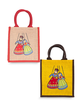 Load image into Gallery viewer, Combo of 11X10 PUPPET PRINT ZIPPER LUNCH BAG (B-238-RED/NATURAL) and 11X10 PUPPET PRINT ZIPPER LUNCH BAG (B-238-YELLOW/BROWN)
