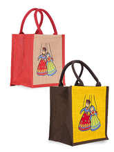 Load image into Gallery viewer, Combo of 11X10 PUPPET PRINT ZIPPER LUNCH BAG (B-238-RED/NATURAL) and 11X10 PUPPET PRINT ZIPPER LUNCH BAG (B-238-YELLOW/BROWN)
