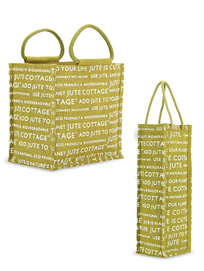 Combo of 10 X 10 JUTE COTTAGE PRINT LUNCH BAG (B-053-GREEN) and BOTTLE BAG JUTE COTTAGE PRINTED (B-062-OLIVE GREEN)