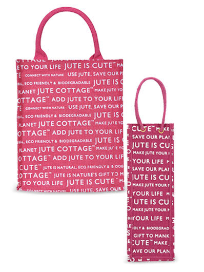 Combo of 10 X 10 JUTE COTTAGE PRINT LUNCH BAG (B-053-MAGENTA) and BOTTLE BAG JUTE COTTAGE PRINTED (B-062-MAGENTA)