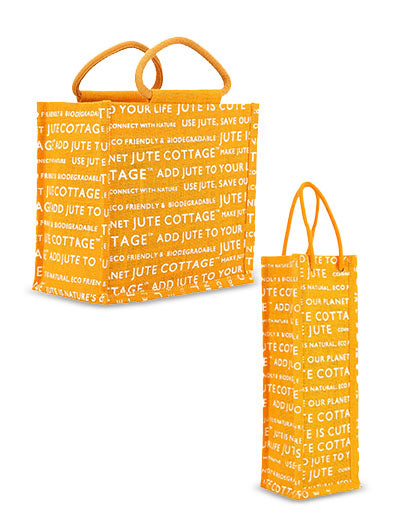 Combo of 10 X 10 JUTE COTTAGE PRINT LUNCH BAG (B-053-YELLOW) and BOTTLE BAG JUTE COTTAGE PRINTED (B-062-YELLOW)