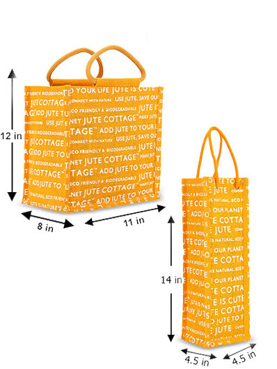 Combo of 10 X 10 JUTE COTTAGE PRINT LUNCH BAG (B-053-YELLOW) and BOTTLE BAG JUTE COTTAGE PRINTED (B-062-YELLOW)