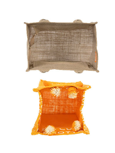 Combo of 10 X 10 JUTE COTTAGE PRINT LUNCH BAG (B-053-YELLOW) and BOTTLE BAG JUTE COTTAGE PRINTED (B-062-YELLOW)