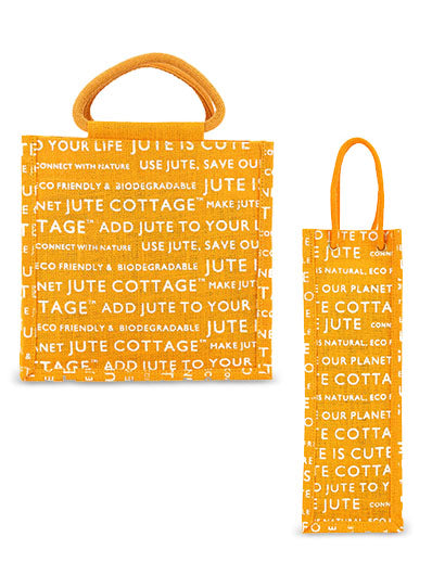Combo of 10 X 10 JUTE COTTAGE PRINT LUNCH BAG (B-053-YELLOW) and BOTTLE BAG JUTE COTTAGE PRINTED (B-062-YELLOW)