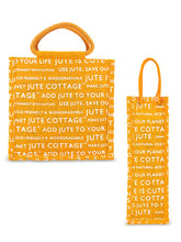 Load image into Gallery viewer, Combo of 10 X 10 JUTE COTTAGE PRINT LUNCH BAG (B-053-YELLOW) and BOTTLE BAG JUTE COTTAGE PRINTED (B-062-YELLOW)
