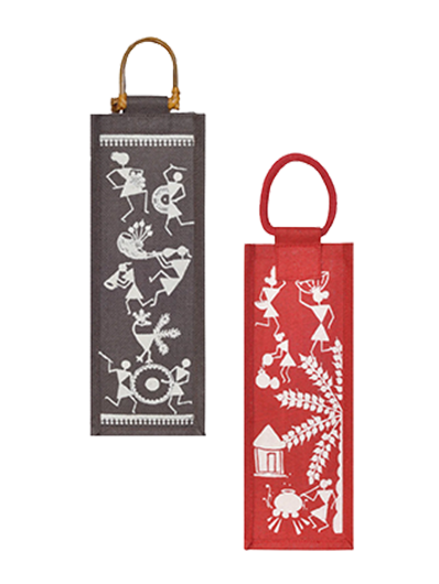 Combo of BOTTLE BAG WARLI PRINT 2 (B-162-RED) and BOTTLE BAG WARLI PRINT 2 (B-163-BROWN)
