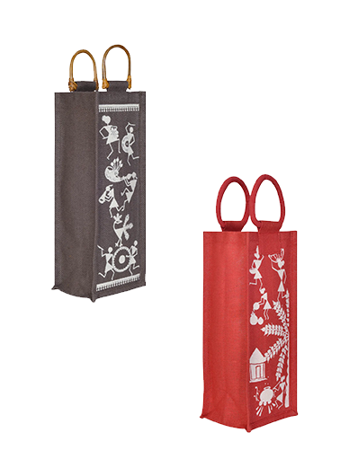Combo of BOTTLE BAG WARLI PRINT 2 (B-162-RED) and BOTTLE BAG WARLI PRINT 2 (B-163-BROWN)