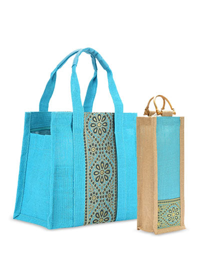 Combo of VERTICAL LACE SMALL ZIPPER (B-029-TURQUOISE BLUE) and BOTTLE BAG WITH LACE / PRINT (B-010-TURQUOISE BLUE)