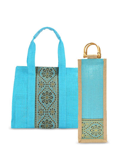 Combo of VERTICAL LACE SMALL ZIPPER (B-029-TURQUOISE BLUE) and BOTTLE BAG WITH LACE / PRINT (B-010-TURQUOISE BLUE)