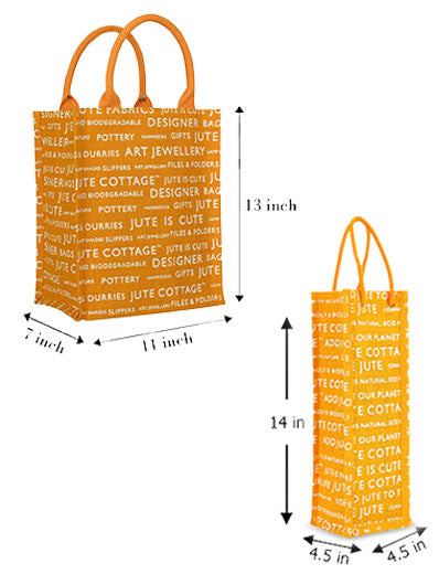 Combo of 13 X 11 JUTE COTTAGE PRINTED ZIPPER (B-038-YELLOW) and BOTTLE BAG JUTE COTTAGE PRINTED (B-062-YELLOW)